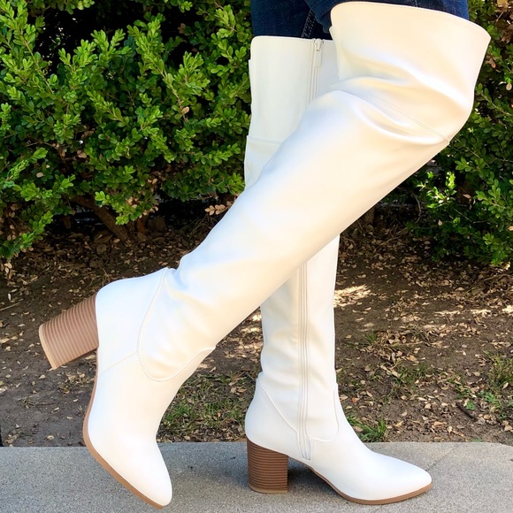 White Vegan Leather Over The Knee Boots - Picture 4 of 11